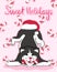 Sweet winter holidays new year and christmas greeting card with cute funny husky dog with santa hat and candy cane on pink