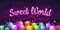 Sweet world background. Colorful horizontal banner with bright caramel candies.