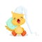 Sweet yellow duckling sleeping on a pillow, emoji cartoon character vector Illustration