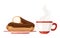 Sweet and yummy cream eclair dessert with tea cup. Choux pastry filled with cream. Flat  illustration isolated on white