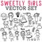 Sweetly Girls Vector Set with smiling girls, cake, leaves, dresses, flowers, and pets.