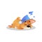 Sweetly sleeping corgi in cute blue hat with pompom. Cartoon puppy character. Human s best friend. Domestic animal. Flat