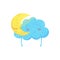 Sweetly sleeping yellow crescent and blue cloud. Cartoon weather sticker. Colorful flat vector element for children book