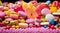 sweets on abstract background, colored chocolates and sweets on the table, colorful sweets wallpaper, sweets banner