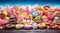 sweets on abstract background, colored chocolates and sweets on the table, colorful sweets wallpaper, sweets banner