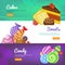 Sweets banners. Candies lollipop jelly and cakes vector advertising web concepts