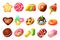 Sweets and candies. Cartoon colorful caramel lollipops and balls, chocolate cakes cookies and donuts. Vector macaroons