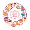 Sweets circle colorful background with cake, cupcake, bakery, donut, ice cream and candies.