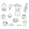 Sweets and coffee kitchen utility collection. Coffee maker, pancake, honey, jam jar, cake, cup, mug, teaspoon, cookies, brownie, t