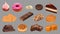 Sweets collection. Realistic cookies, chocolate, cake, soft caramel vector set