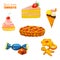 Sweets colorful set. Ready pastry isolated on white. Hand-drawn bright biscuit, candy, ice cream, berry pie, cake.