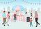 Sweets and cotton candy food cart flat illustration. Street market trolley. Outdoor confectionery, bakery. People walk summer fair