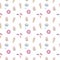 Sweets donut, ice cream, cupcake, candy glossy multicolored cute on white background seamless vector pattern.