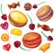 Sweets are drawn colorful illustrations with candies, macaroons, cherries and lollipops.