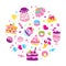 Sweets Hand Drawn Cake, Cupcake and Ice Cream Dessert Vector Circle Arrangement