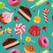 Sweets seamless pattern. Candy cupcake holiday lollipops and cream cake with cherry fruits vector colorful pattern