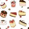 Sweets seamless pattern: cheesecake cake, candy, cherry, strawberry for decorating a cafe, packaging vektor sweets and more