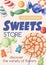 Sweets store poster template with candies, lollipops, bonbons, caramels, gummy bears background. Vertical ad card design