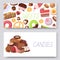 Sweets vector illustration set of banners with candies, cakes, bakery and pastry. Pastry dessert poster with sweets cake