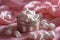 Sweets-white marshmallows in a tin bucket on a pink background