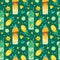 Sweets and yummies hand drawn seamless pattern. Milkshakes, pineapple, carambola and kiwi color drawing.