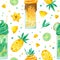 Sweets and yummies hand drawn seamless pattern. Milkshakes, pineapple, carambola and kiwi color drawing.