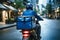 Swift motorbike delivery by a courier in blue attire with packages