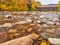 Swift River and old covered bridge at autumn