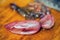 Swim bladder covered in blood on table close