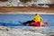 Swim in Packraft. Packraft, one-person light raft used for expedition or adventure racing, on a lake, inflatable boat