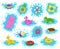 Swim rings, cartoon pool rubber toys with water splashes. Swimming water toys, inflatable rubber pool equipment vector