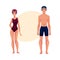 Swimmers, man and woman, in swimming suits, caps