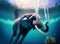 Swimming African Elephant Underwater Big elephant in ocean with air bubbles and reflections. Generative AI