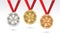 Swimming Champion Gold, Silver and Bronze Medal set with Red Ribbon Vector Illustration