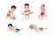 Swimming children. Happy kids, little beach girl. Sea or pool party. Isolated cartoon friends in swimsuits. Boys in