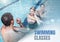 Swimming classes text and Swimming teacher with class
