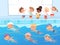 Swimming competition. Kids water sport swimming race in pool vector cartoon background