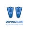 Swimming and diving equipment bussiness icon. Pair of fins for beach, water sports, vacations, hobbies, summer.