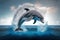 Swimming dolphin jumping above sea ocean, mammal beautiful underwater natural background Generative AI