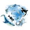 Swimming dolphins, shark, blue whale, killer whale orca spin in a spiral on abstract blue background, isolated. Hand drawn