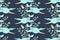 Swimming fishes with wings, like flying underwater birds fantastic seamless pattern on dark blue background