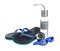 Swimming goggles, water bottle, flip flops and digital stopwatch isolated