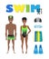 Swimming infographic elements. Set of swim icons. Black, african, american people in bathing suits. Accessories for