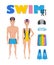 Swimming infographic elements. Set of swim icons. People in bathing suits. Accessories for swimming. Vector flat cartoon