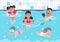 Swimming kids. Cartoon happy children in a pool, flat boys and girls swimming and playing in swimwear. Vector summer