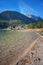 Swimming lake lautersee with boathouses in idyllic bavarian land