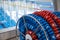 Swimming lanes markers in reel storage, near the pool. Pool lane lines for athletics, swimming.