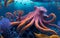 Swimming octopus at the ocean\\\'s depths beautiful underwater scenery and vibrant coral.