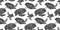 Swimming ornate turtles seamless pattern. Vector black ink drawing animal background. Hand drawn monochrome graphic illustration