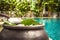 Swimming pool area with decoration bowl with water lily at private villa backyard